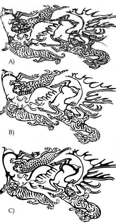 The current state of the right forearm tattoo (A) it's likely original state correcting for dessication (B) and an idealised drawing of the same picture (C)